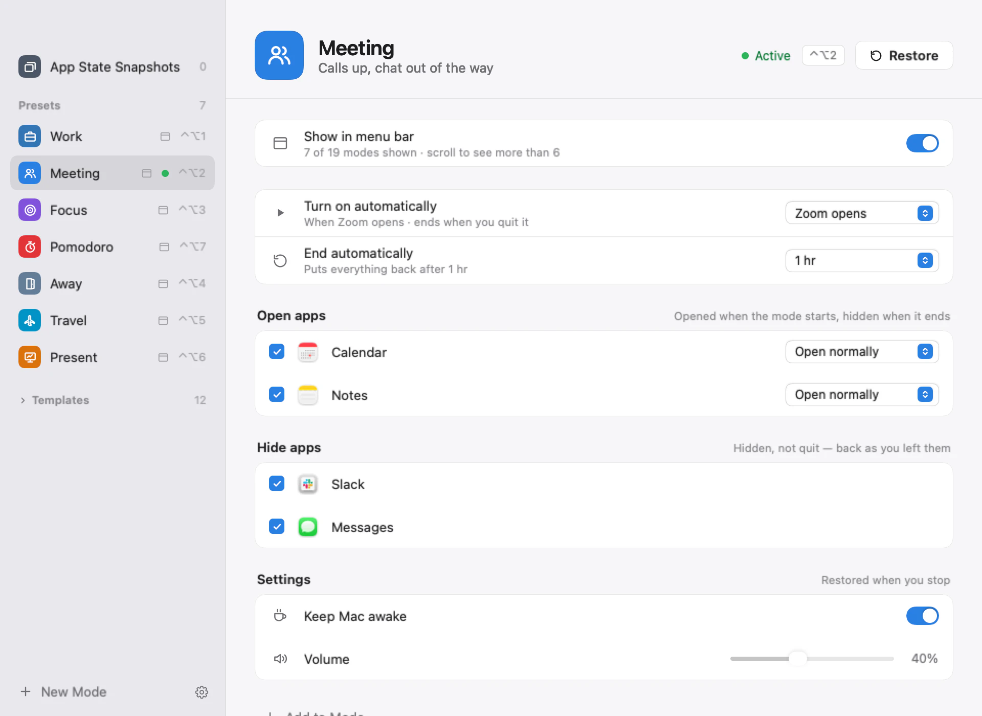 Flipivo's mode editor showing Meeting: turns on when Zoom opens, ends after one hour, opens Calendar and Notes, hides Slack and Messages, keeps the Mac awake and sets volume to 40%