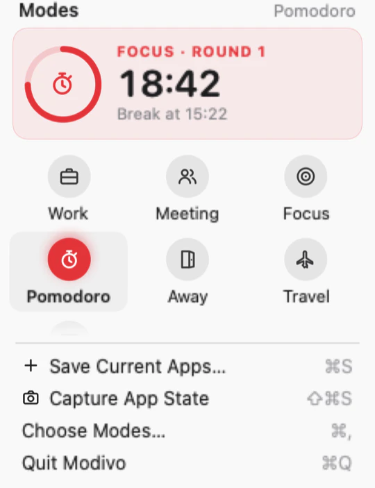 Flipivo's menu during Pomodoro: focus, round 1, 18:42 left, break at the top of the hour